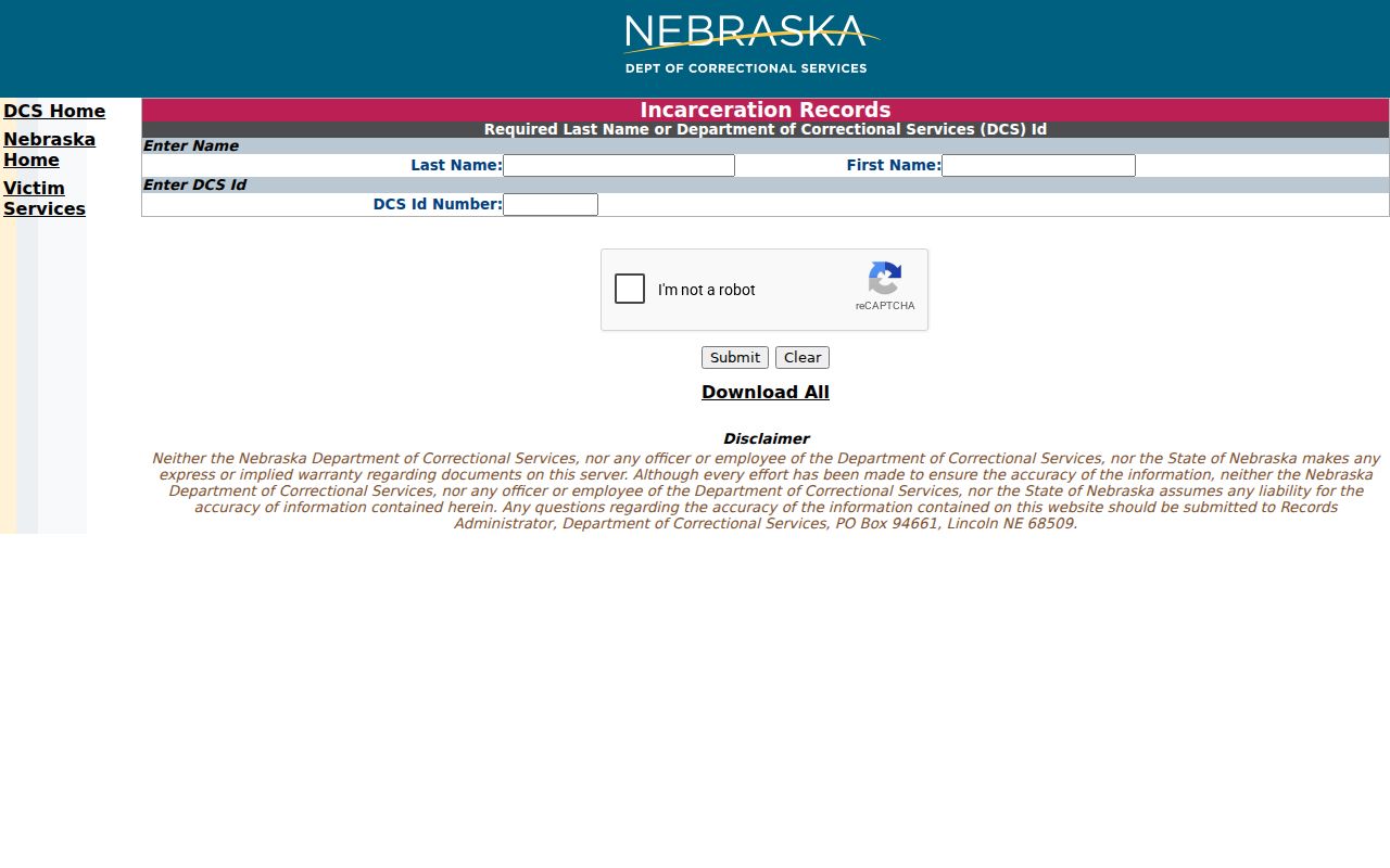 Nebraska Department of Correctional Services incarceration records search