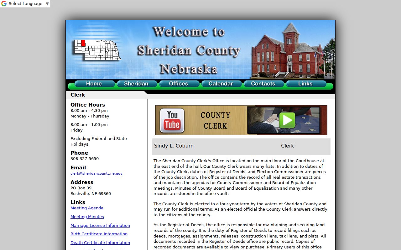 Rushville criminal record source showing the Sheridan County Clerk office